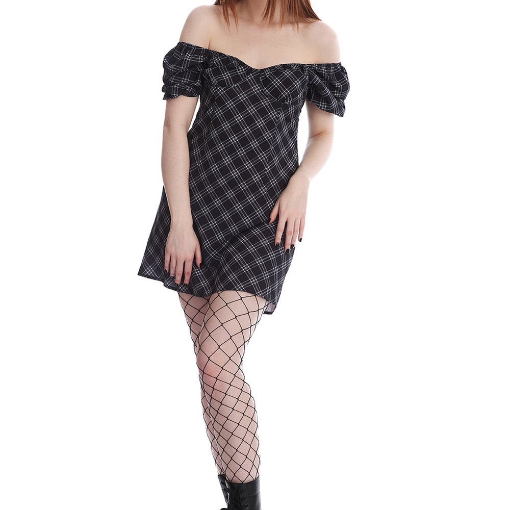 Royal Monk Black Plaid Off-Shoulder Mini Dress